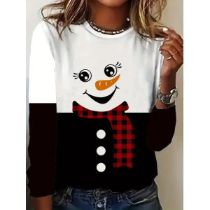 Women Christmas Snowman Long Sleeve Tee T-shirt Crew Neck Printing Casual Spring/Fall Graphic Tee Top