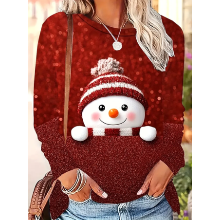 Women Christmas Snowman Long Sleeve Tee T-shirt Crew Neck Printing Casual Spring/Fall Graphic Tee Top