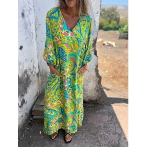 Women Floral Long Sleeve Spring/Fall Printing Dress V Neck Balloon Sleeve Daily Vintage Maxi T-Shirt Dress A-Line Dress