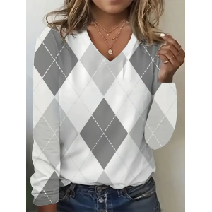Women Plaid Long Sleeve Tee T-shirt V Neck Printing Casual Spring/Fall Graphic Tee Top