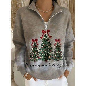 Women Christmas Shawl Collar Printing Casual Spring/Fall Long Sleeve Sweatshirt