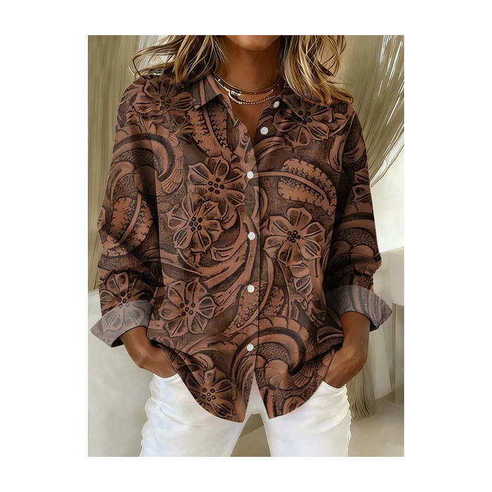 Women Floral Long Sleeve Shirt Spring/Fall Buckle Shirt Collar Regular Sleeve Daily Casual Top