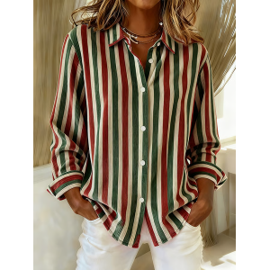 Women Striped Long Sleeve Shirt Spring/Fall Buckle Shirt Collar Regular Sleeve Daily Casual Top
