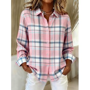 Women Plaid Long Sleeve Shirt Spring/Fall Buckle Shirt Collar Regular Sleeve Daily Casual Top