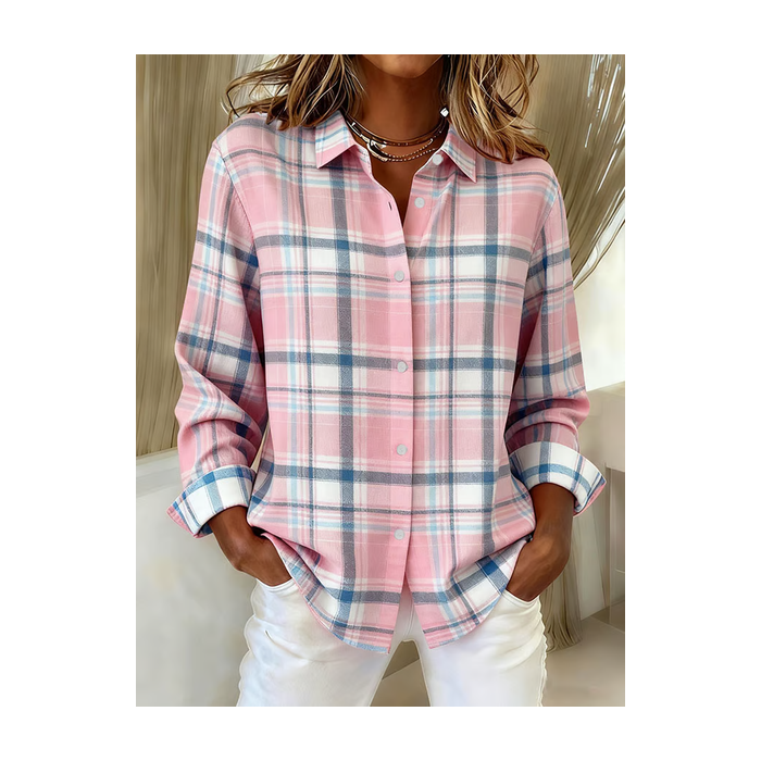 Women Plaid Long Sleeve Shirt Spring/Fall Buckle Shirt Collar Regular Sleeve Daily Casual Top