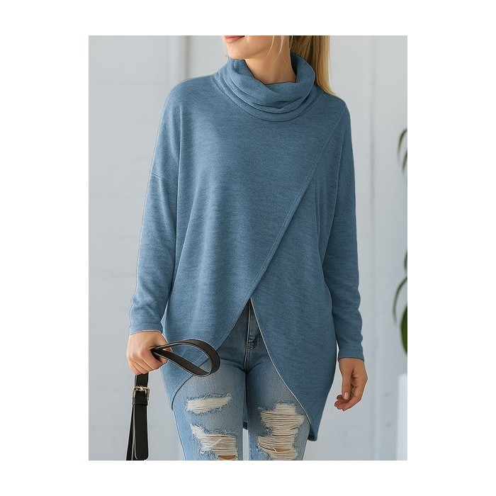 Women Plain Long Sleeve Tee T-shirt Mock Neck Asymmetric Casual Spring/Fall Top