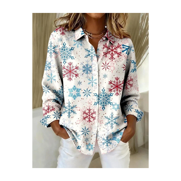 Women Christmas Long Sleeve Shirt Spring/Fall Buckle Shirt Collar Regular Sleeve Daily Casual Top