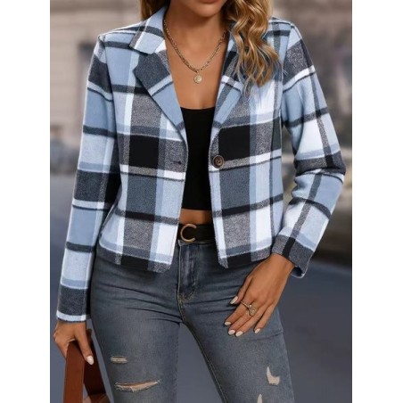 Women Spring/Fall Outerwear Vintage Printing Plaid Long Sleeve Lapel Collar Jacket