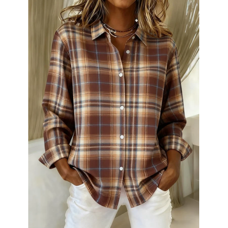 Women Plaid Long Sleeve Shirt Spring/Fall Buckle Shirt Collar Regular Sleeve Daily Casual Top