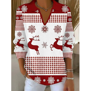 Women Christmas Printing Spring/Fall Casual Long Sleeve Shawl Collar Sweater