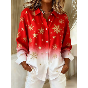 Women Christmas Long Sleeve Shirt Spring/Fall Buckle Shirt Collar Regular Sleeve Daily Casual Top