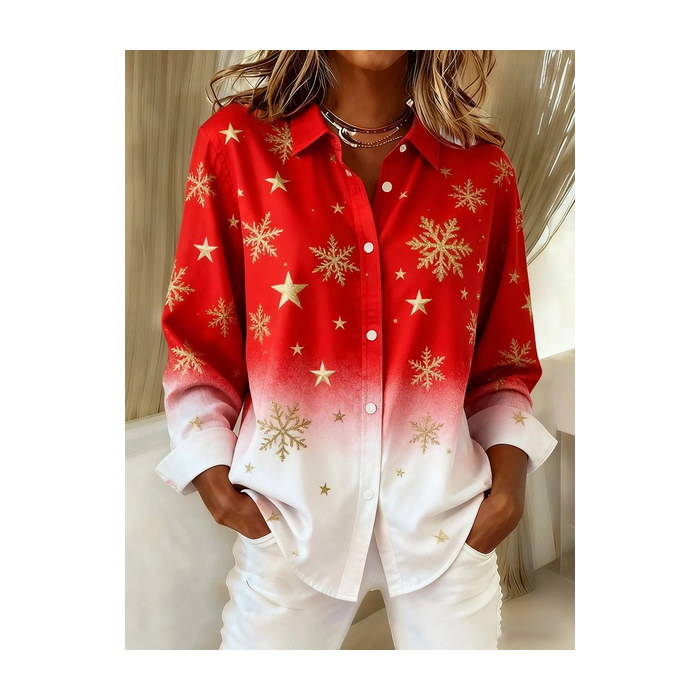 Women Christmas Long Sleeve Shirt Spring/Fall Buckle Shirt Collar Regular Sleeve Daily Casual Top
