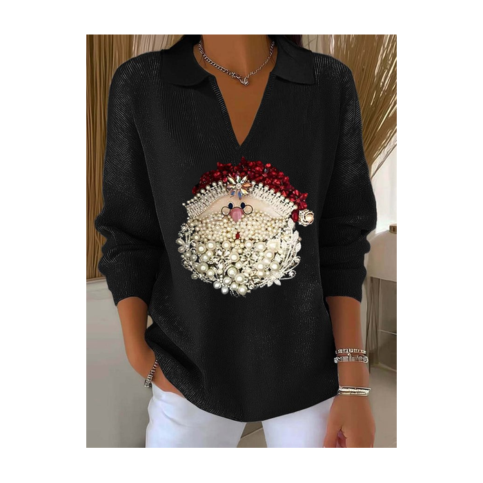 Women Santa Claus Printing Spring/Fall Casual Long Sleeve Shawl Collar Sweater