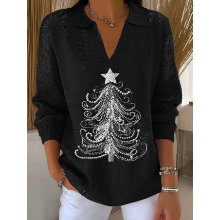 Women Christmas Printing Spring/Fall Casual Long Sleeve Shawl Collar Sweater