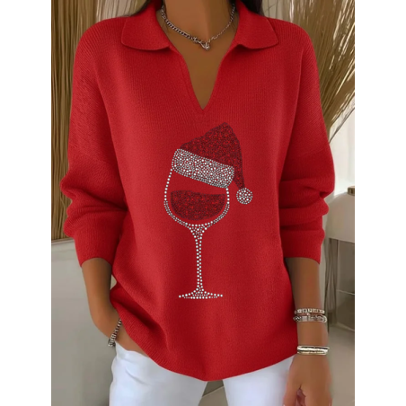 Women Christmas Printing Spring/Fall Casual Long Sleeve Shawl Collar Sweater