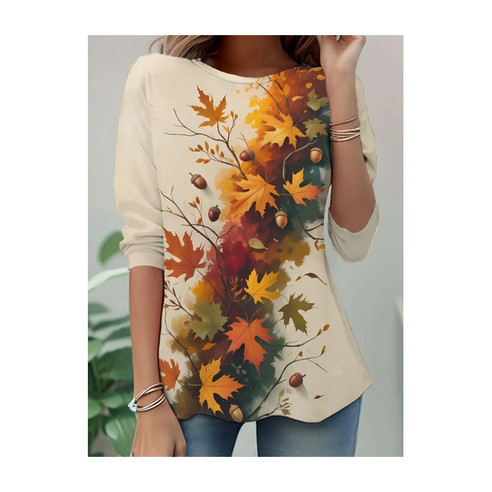 Women Maple Leaf Long Sleeve Tee T-shirt Crew Neck Casual Spring/Fall Tunic Top