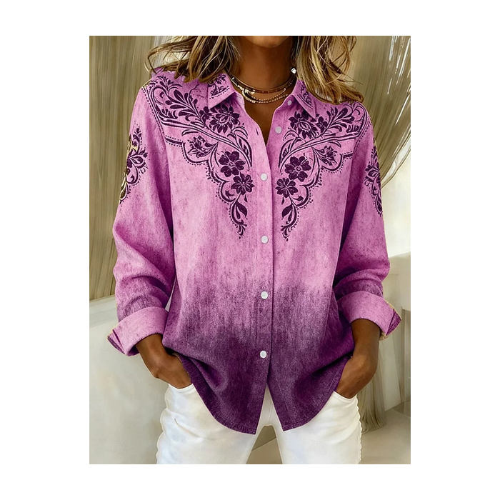 Women Floral Long Sleeve Shirt Spring/Fall Buckle Shirt Collar Regular Sleeve Daily Casual Top