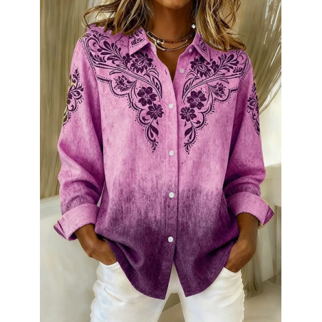 Women Floral Long Sleeve Shirt Spring/Fall Buckle Shirt Collar Regular Sleeve Daily Casual Top
