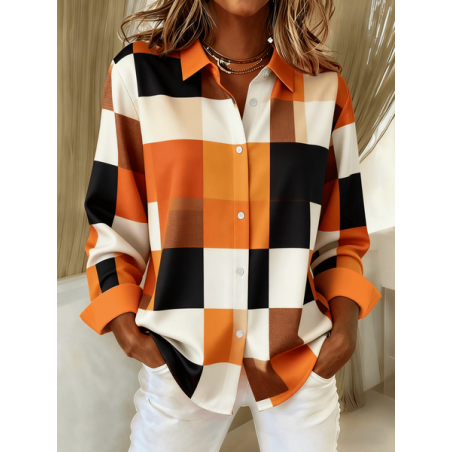 Women Abstract Long Sleeve Shirt Spring/Fall Buckle Shirt Collar Regular Sleeve Daily Casual Top