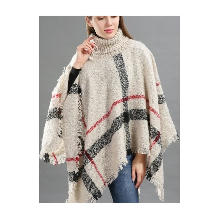 Women's Spring/Fall Outerwear Vintage Tassel Color Block Turtleneck Cape Coat