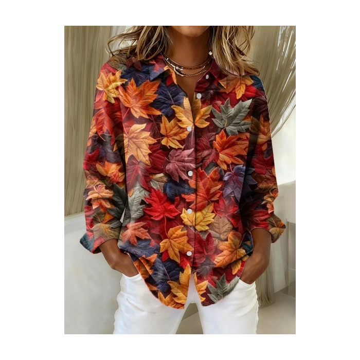 Women Maple Leaf Long Sleeve Shirt Spring/Fall Buckle Shirt Collar Regular Sleeve Daily Casual Top