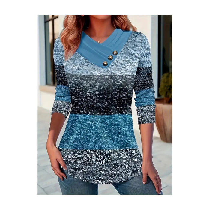 Women Multicolor Block Long Sleeve Tee T-shirt Cross Neck Printing Casual Spring/Fall Top