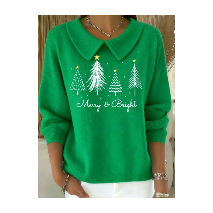 Women Christmas Printing Spring/Fall Casual Long Sleeve Shawl Collar Sweater