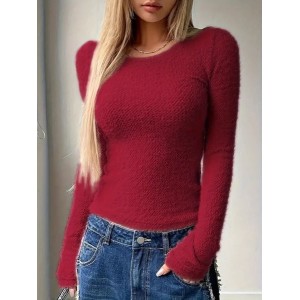 Women Plain Long Sleeve Tee T-shirt Crew Neck Split Joint Casual Spring/Fall Top