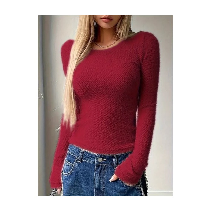 Women Plain Long Sleeve Tee T-shirt Crew Neck Split Joint Casual Spring/Fall Top