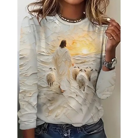 Women Jesus Copy Long Sleeve Tee T-shirt Crew Neck Printing Casual Spring/Fall Graphic Tee Top