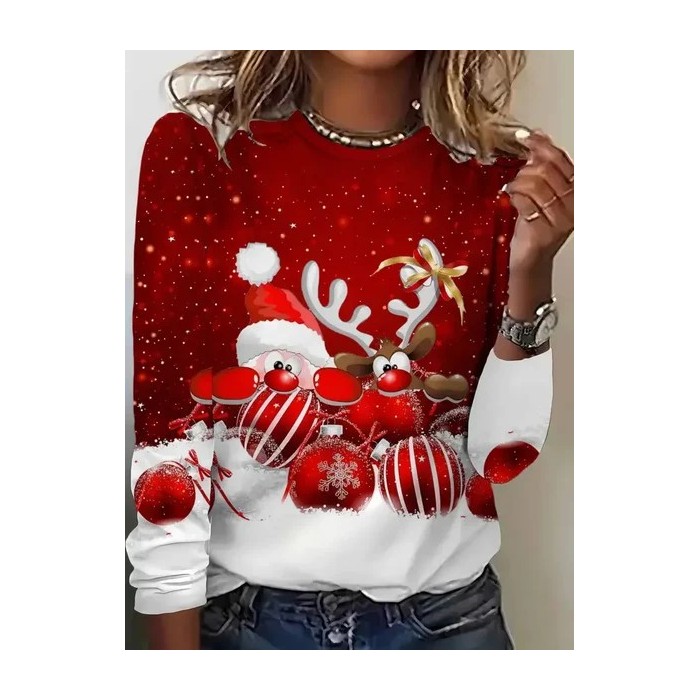 Women Christmas Long Sleeve Tee T-shirt Crew Neck Printing Casual Spring/Fall Graphic Tee Top