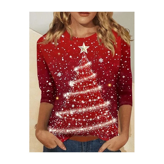 Women Christmas Long Sleeve Tee T-shirt Crew Neck Printing Casual Spring/Fall Graphic Tee Top