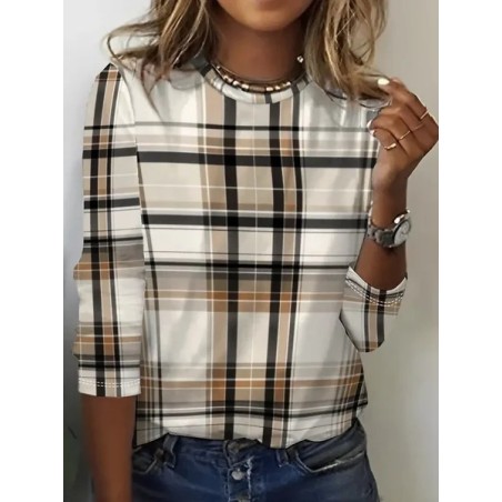 Women Plaid Long Sleeve Tee T-shirt Crew Neck Printing Casual Spring/Fall Graphic Tee Top