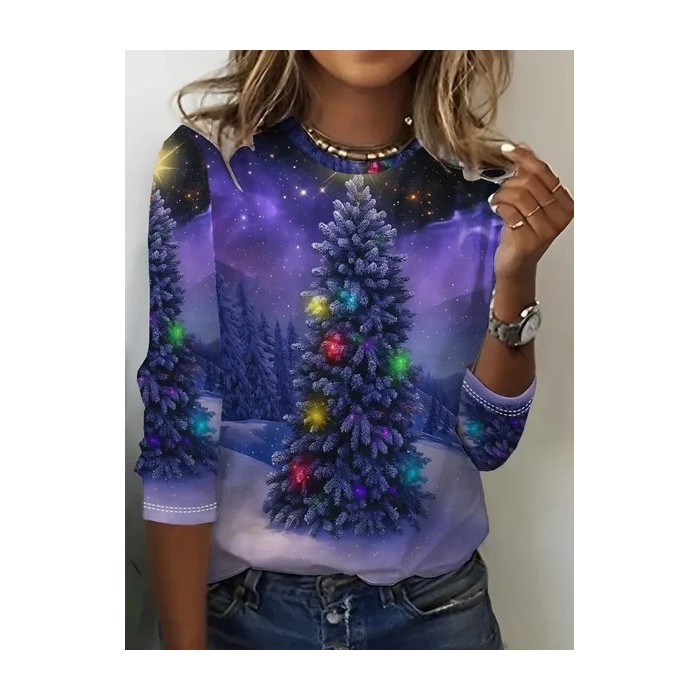 Women Christmas Long Sleeve Tee T-shirt Crew Neck Printing Casual Spring/Fall Graphic Tee Top