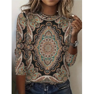 Women Ethnic Long Sleeve Tee T-shirt Crew Neck Printing Casual Spring/Fall Graphic Tee Top