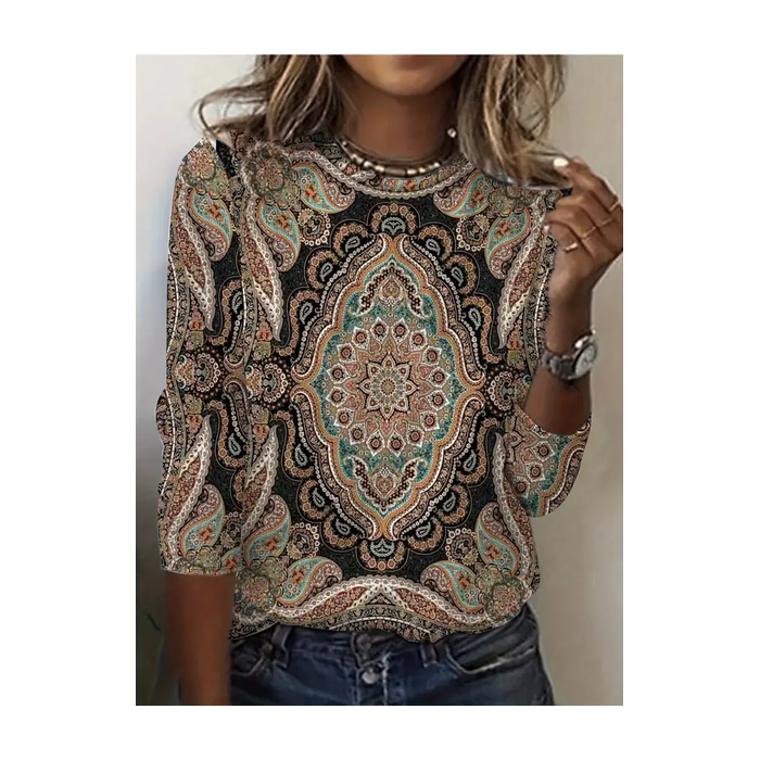 Women Ethnic Long Sleeve Tee T-shirt Crew Neck Printing Casual Spring/Fall Graphic Tee Top