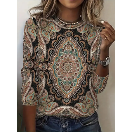 Women Ethnic Long Sleeve Tee T-shirt Crew Neck Printing Casual Spring/Fall Graphic Tee Top