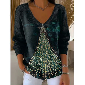 Women Christmas Long Sleeve Tee T-shirt V Neck Printing Casual Spring/Fall Top