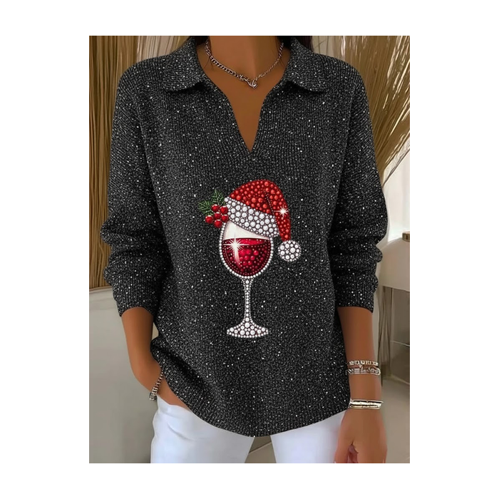 Women Christmas Printing Spring/Fall Casual Long Sleeve Shawl Collar Sweater