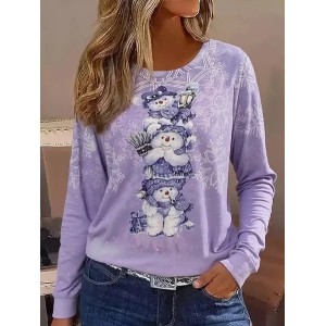 Women Christmas Snowman Long Sleeve Tee T-shirt Crew Neck Printing Casual Spring/Fall Graphic Tee Top