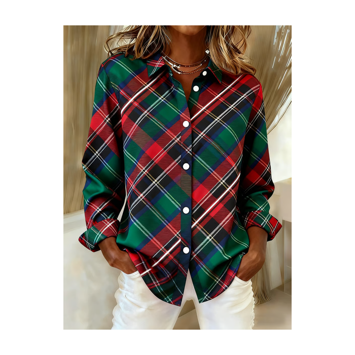 Women Plaid Long Sleeve Shirt Spring/Fall Buckle Shirt Collar Regular Sleeve Daily Casual Top