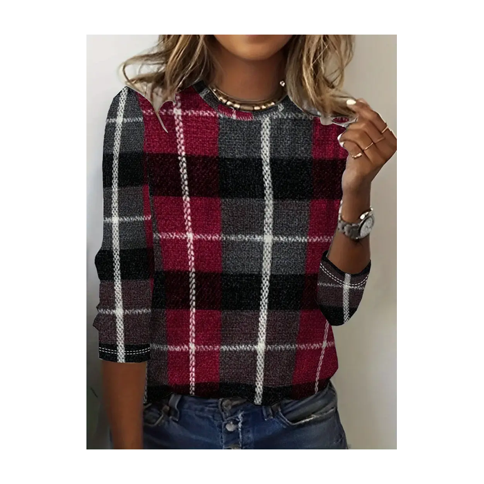 Women Plaid Long Sleeve Tee T-shirt Crew Neck Printing Casual Spring/Fall Graphic Tee Top
