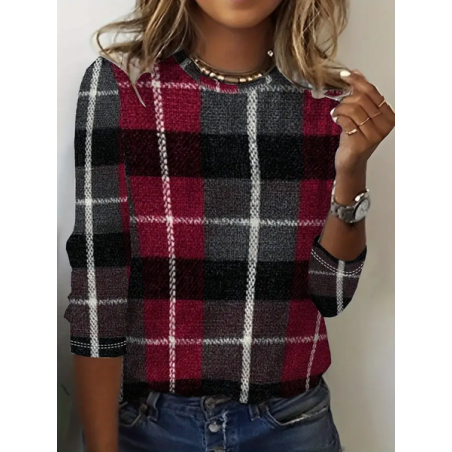 Women Plaid Long Sleeve Tee T-shirt Crew Neck Printing Casual Spring/Fall Graphic Tee Top