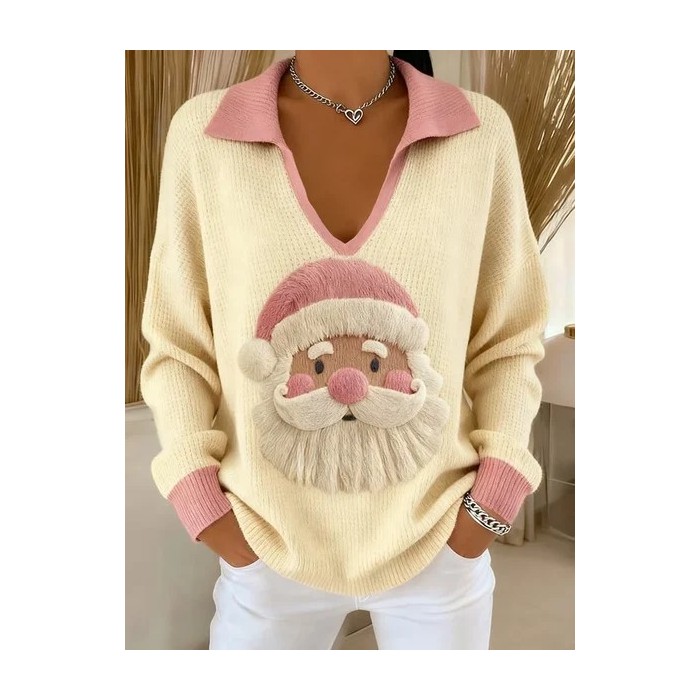 Women Santa Claus Printing Spring/Fall Casual Long Sleeve Shawl Collar Sweater