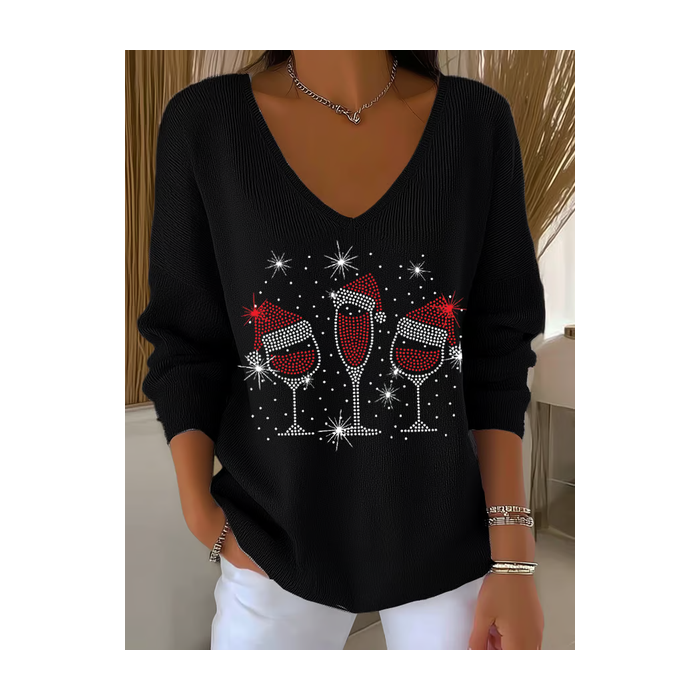 Women Christmas Long Sleeve Tee T-shirt V Neck Printing Casual Spring/Fall Top