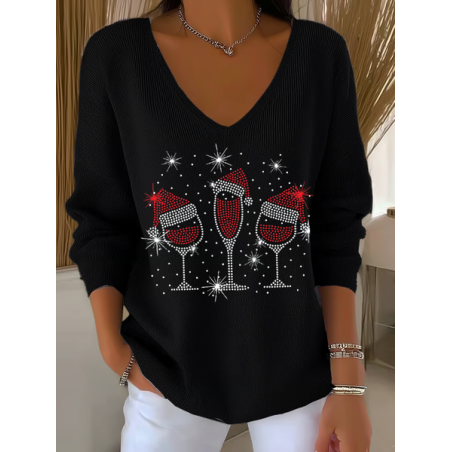 Women Christmas Long Sleeve Tee T-shirt V Neck Printing Casual Spring/Fall Top