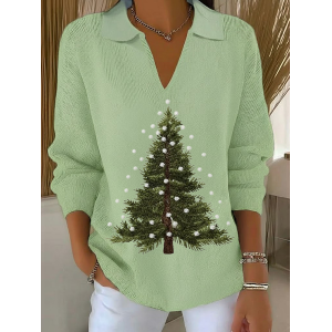 Women Christmas Printing Spring/Fall Casual Long Sleeve Shawl Collar Sweater