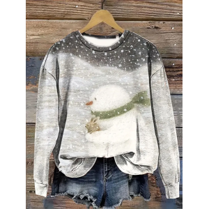 Women Christmas Snowman Crew Neck Printing Casual Spring/Fall Long Sleeve Sweatshirt
