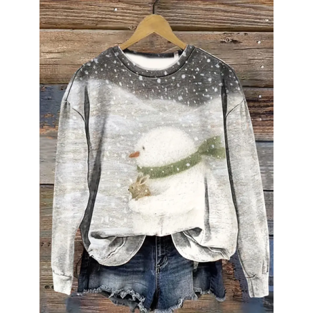 Women Christmas Snowman Crew Neck Printing Casual Spring/Fall Long Sleeve Sweatshirt