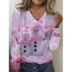 Women Christmas Snowman Long Sleeve Tee T-shirt V Neck Printing Casual Spring/Fall Graphic Tee Top